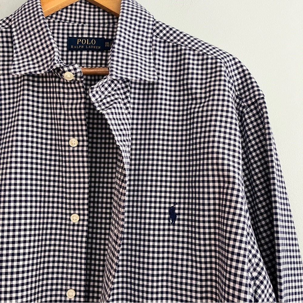Polo Ralph Lauren Men’s Collared Button Down Gingham Cotton XXL Navy Blue White - Picture 2 of 12